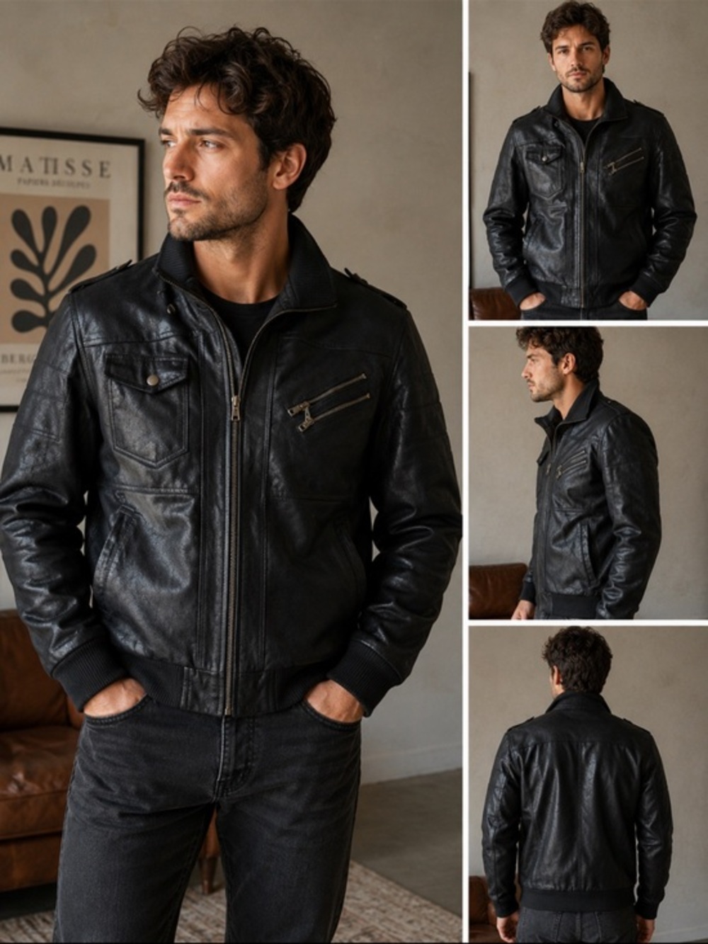FLAVOR Genuine Pig Leather Bomber Jacket Black Zip Front Moto Coat Men’s Large